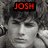 three grayscale portraits with colored text overlays: top-left 'JOSH' in red, top-right 'Slock' in pink, bottom-left 'FOX' in purple