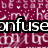 Pixelated image with maroon background and white text fragments, featuring prominent black-outlined white text reading "confuse" in the center.
