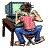 Pixelated figure in pink shirt and blue jeans sits on chair, holding phone to ear with left hand, right hand raised in motion.