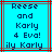 Pixelated text on a cyan background with red and gray borders, showing 'Reese and Karly 4 Eva!' in dark blue letters.