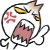 Animated cartoon character with white face, yellow eyes, red angry symbol on forehead, pink mouth showing teeth, brown star-shaped headpiece, and raised hand.