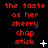 Red text on black background reads 'the taste of her cherry chap stick' with animated white sparkles appearing and disappearing across three