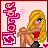 Pixel art of a blonde woman in a red top and black shorts sitting with knees up, surrounded by pink text and sparkles.