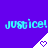 Blue background with repeated 'justice!' text and white triangular icons containing purple hearts.