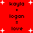 Red background with white starbursts and black text showing 'kayla + logan = love' in two identical vertical , each containing a second instance of the same equation below it