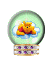 Three identical snow globe icons with Winnie the Pooh lying on a cloud inside, each having a green-tinted glass dome and purple gemstone base.