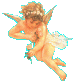 Four identical angelic figures with brown curly hair, small wings, and white fabric draped around their waists hold dark objects while floating against a gray background.