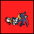 Pixel art character in blue, white, and red poses on solid red background with multiple animation frames showing movement.