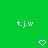 Green background with repeated white 't.j.w' text and pixelated heart/arrow symbols; gray rectangle in bottom-right corner.