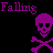 Purple skull and crossbones icons repeat across a black background with 'Falling' text above most and 'Faster' below some, all in pixelated style.