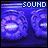Pixelated blue and purple image with 'SOUND' text at top, two abstract shapes resembling speakers or sound waves below.