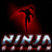 Static pixelated icon featuring a red silhouette of a figure in mid-kick pose above stylized text reading "NINJA" with blue and white highlights on a black background.