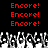 Red text reading 'Encore!' repeated six times on a black background above pixelated white and gray shapes resembling hands or figures.