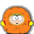 Two side-by-side animated frames of a cartoon character in an orange mascot suit with yellow hands, showing different facial expressions against a gray background.