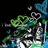Pixelated green and blue creature with multiple eyes, surrounded by abstract shapes on black background.