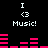 Pixelated black background with white text and pink audio bars, showing 'I <3 Music!' repeated across two