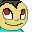Pixelated character with yellow face, red eyes, and brown hair in various expressions including smiling, winking, and grinning with teeth.