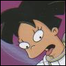 Animated character with dark hair and wide eyes, wearing a white shirt with a collar, against a purple background.