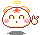 Pixel art contact sheet showing two frames of an animated buddy icon featuring a round white character with pink cheeks, orange ears, red star on forehead, yellow halo, and brown outline making peace signs against gray background.