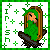 Pixel art animation of a green-clad figure with long brown hair in a 2x2 contact sheet format showing three distinct frames.