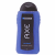 Blue bottle with black cap and label displaying 'X' symbol, next to blue text reading 'How dirty boys get CLEAN'.