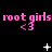 Pixelated pink text "root girls" with heart symbols appears in three on a black background, accompanied by white star and plus symbols that change position across frames
