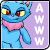Animated contact sheet of a blue cartoon cat with pink scarf and yellow eyes, displaying five sequential frames showing eye expressions and text color changes on purple background.