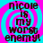 Four identical display dark brown text on a cyan and magenta spiral background with pixelated distortion