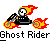 Pixel art animation of a skeletal ghost rider on a flaming motorcycle with two visible frames showing flame movement, displayed as a contact sheet below text reading "Ghost Rider".