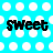 A static contact sheet of three identical frames showing a cyan background with white polka dots and the word "Sweet" in black text.