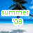 Pixelated beach scene with palm tree, blue sky, and text 'summer' above '08', transitioning to solid purple background with 'can't' in cyan.