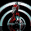 Animated sequence of a figure in red and black attire performing dynamic poses against concentric circular patterns with cyan accents.