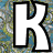 Four large white 'K' letters with black outlines arranged in a over a pixelated background of pink, blue, and green hues