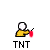 Pixelated character with white head and yellow body holds red object; text labels, speech bubbles, explosion graphic on gray background.