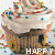 A cupcake with white frosting and multicolored sprinkles appears in a of repeated images, each containing text labels like "HAPPY" or "BIRTHDAY" beneath it