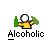 Animated pixel art sequence showing a yellow figure interacting with green bottles and gray barrels, each frame labeled 'Alcohol' below.