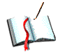 Open book with red ribbon bookmark and brown pen, pages showing sequential line additions from one to five lines.