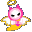 Pixelated angel icon with pink hair, white wings, yellow halo and base, black eyes, and a neutral expression on gray background.