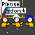 Animated pixel art sequence showing yellow-shirted figures with blue hair and white helmets interacting on a gray street , with speech bubbles containing text like "PLEASE don't hurt me." and "Ok, we were just helpin you across the street"
