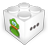 Pixelated white cube with green leaf-like symbol and dark diagonal line on front face, gray background.