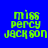 Four identical pixelated text displays of 'miss percy jackson' in green on blue background with pink horizontal bars, arranged in a