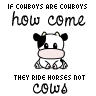 Animated contact sheet of a cartoon cow icon with changing text colors across 25 sampled frames, showing variations in pink and red text on black-and-white cow illustrations.