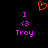 A static pixel art composition with a black background, featuring two identical purple text blocks and an orange heart symbol above them.