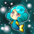 Pixelated cartoon character with blue hair and yellow accents floating in a dark teal background with white bubbles.