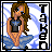Pixel art contact sheet showing two frames of an animated AIM buddy icon featuring a cartoon woman with long brown hair, blue eyes, and a black top with blue star design against a white background with light blue diagonal lines.