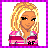 A 48x48 pixel animated buddy icon featuring a cartoon character with blonde hair and pink-and-white striped jacket on the left, paired with a pink heart-shaped text box containing "braces hottie" in blue letters on the right.