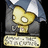 Pixelated golden character with large eyes and a small mouth stands on a pedestal beneath a blue-and-white sky, holding a pink object.