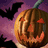 Pixelated Halloween-themed icon featuring a carved pumpkin with glowing eyes and mouth, bats flying against a purple sky background.