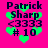 A bright pink background features green heart shapes and dark text reading "Patrick Sharp <3333 #10" in a pixelated style.