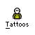 Pixel art avatar with white face and yellow shirt, multiple variations including one holding a green object or standing before a decorated structure with flowers and a circular emblem.